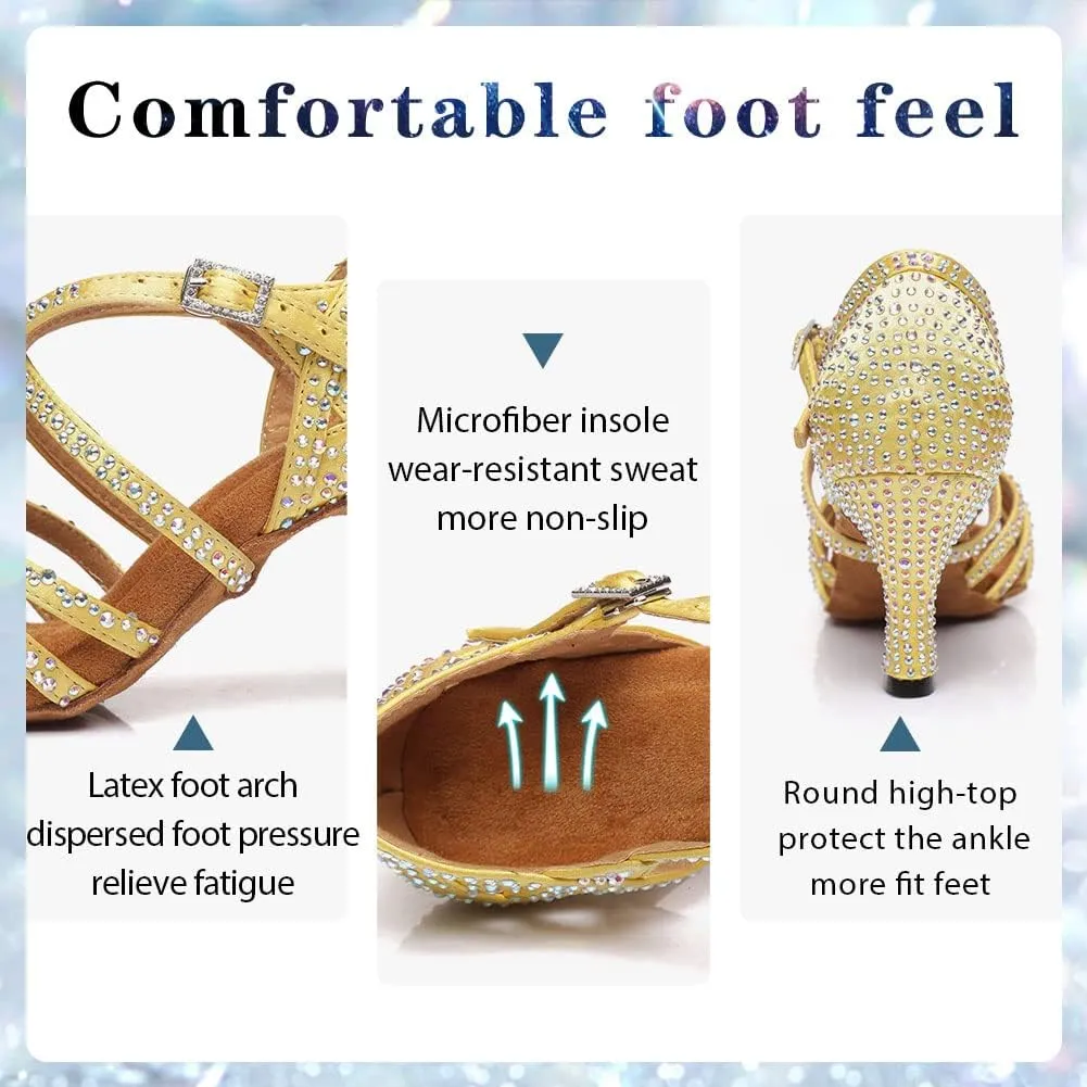 Ballroom Latin Dance Shoes for Women Rhinestone Open Toe Salsa Ballroom Performance Dance Heels