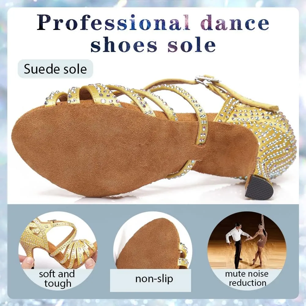 Ballroom Latin Dance Shoes for Women Rhinestone Open Toe Salsa Ballroom Performance Dance Heels