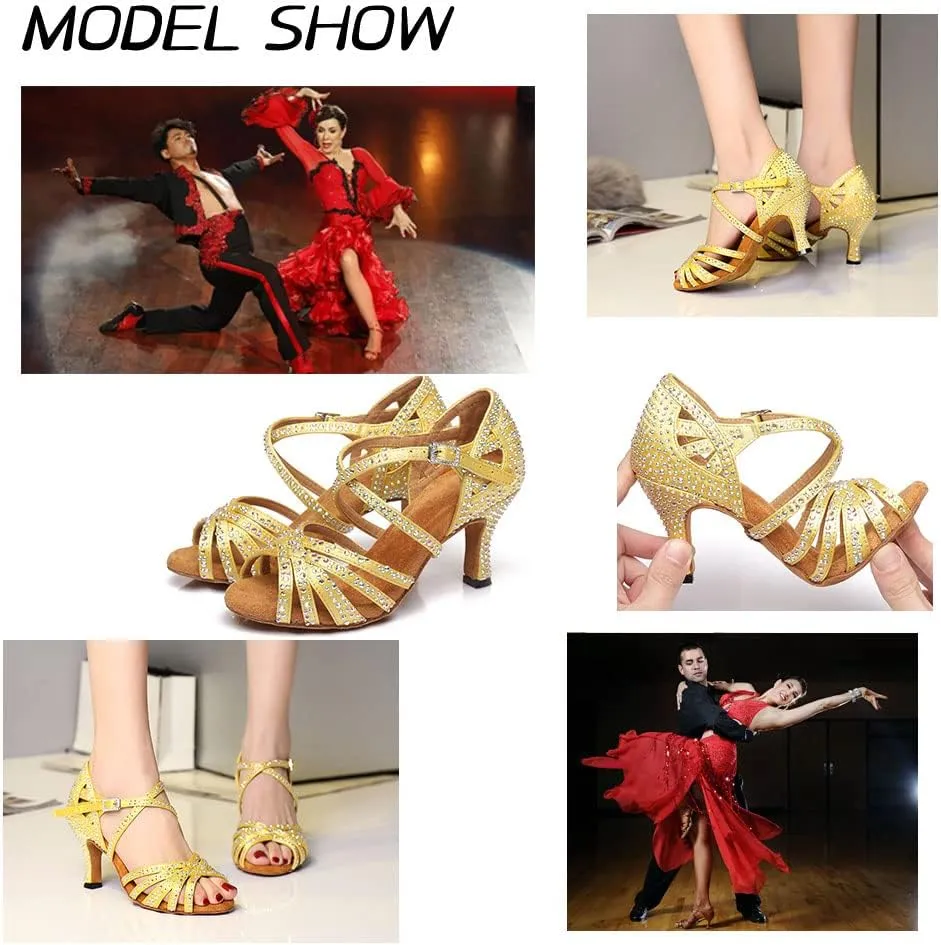 Ballroom Latin Dance Shoes for Women Rhinestone Open Toe Salsa Ballroom Performance Dance Heels