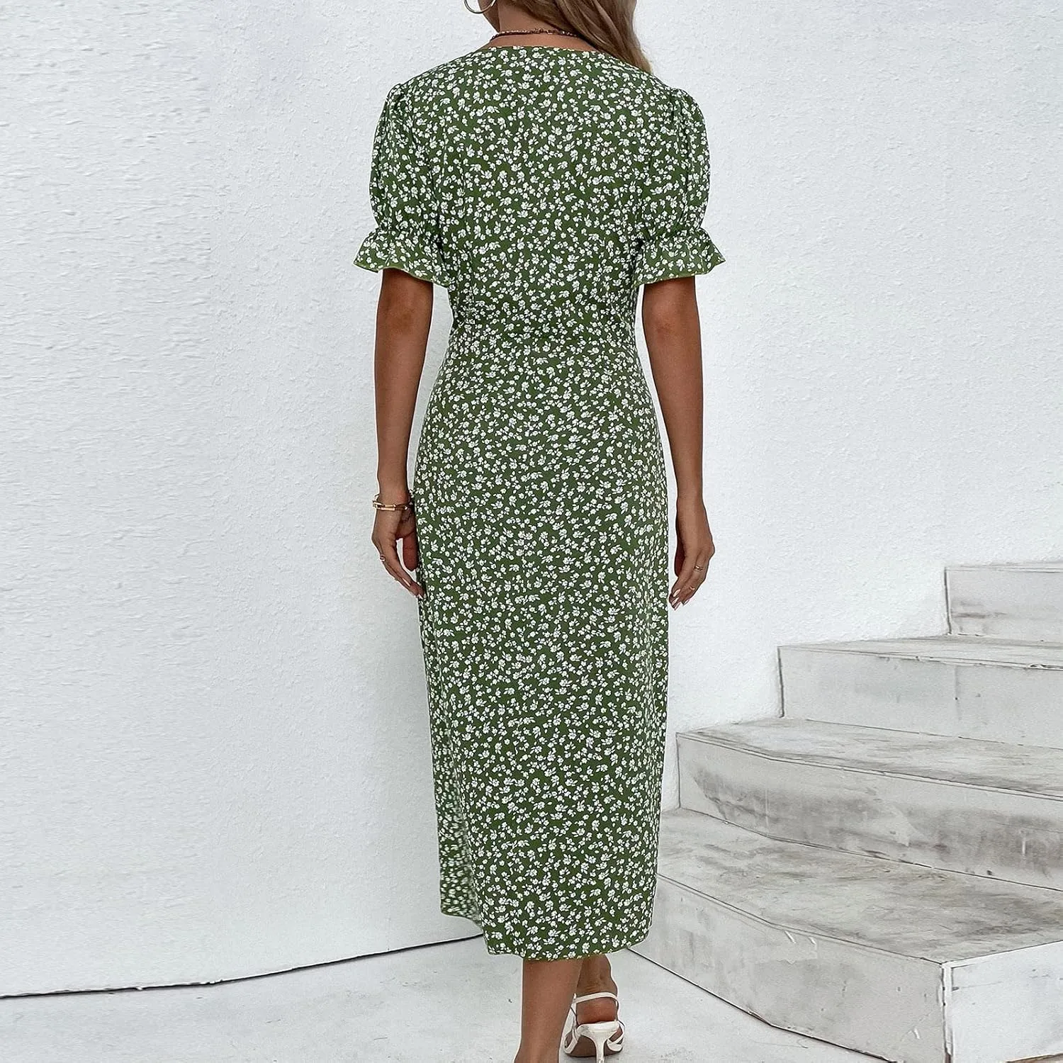 Beach Dresses for Women 2025 Vacation Spring Summer Boho Dress Short Sleeve V Neck Dresses Irregular Hem Midi Dress