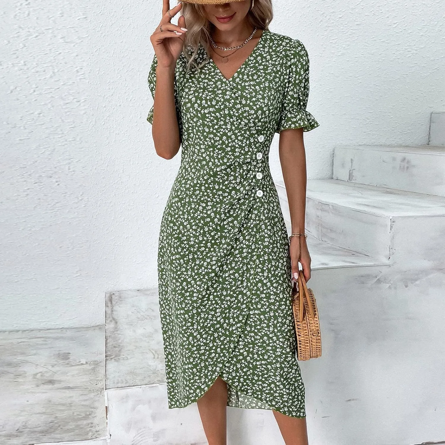 Beach Dresses for Women 2025 Vacation Spring Summer Boho Dress Short Sleeve V Neck Dresses Irregular Hem Midi Dress