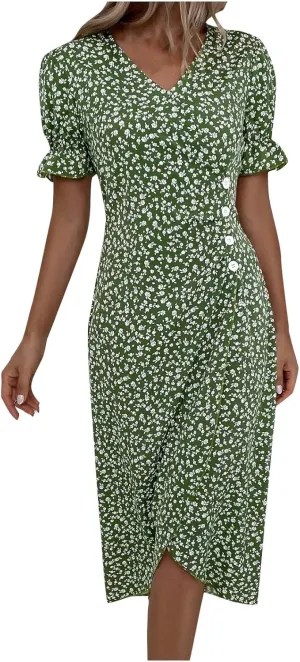 Beach Dresses for Women 2025 Vacation Spring Summer Boho Dress Short Sleeve V Neck Dresses Irregular Hem Midi Dress