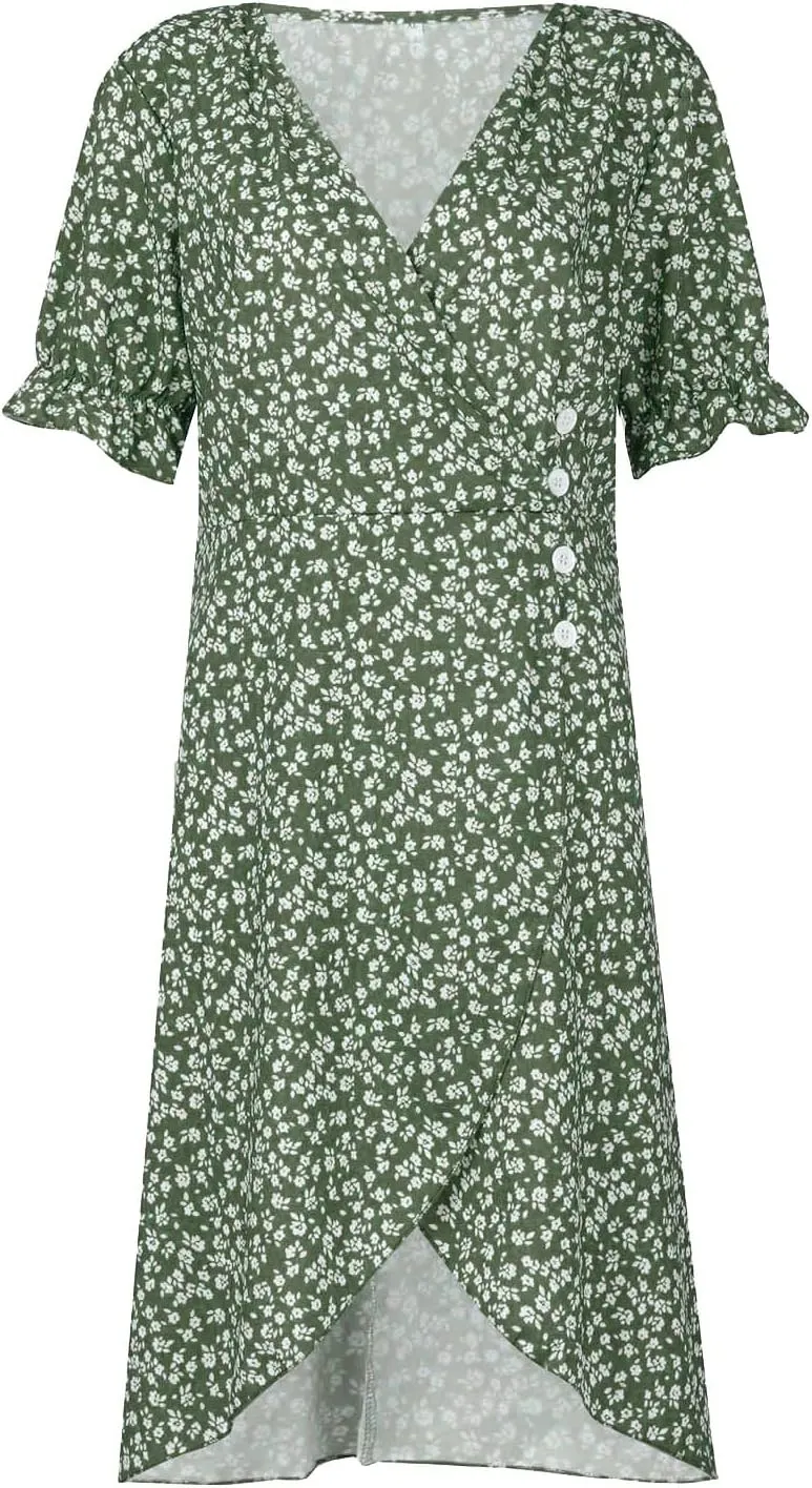 Beach Dresses for Women 2025 Vacation Spring Summer Boho Dress Short Sleeve V Neck Dresses Irregular Hem Midi Dress
