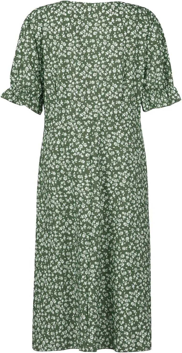 Beach Dresses for Women 2025 Vacation Spring Summer Boho Dress Short Sleeve V Neck Dresses Irregular Hem Midi Dress