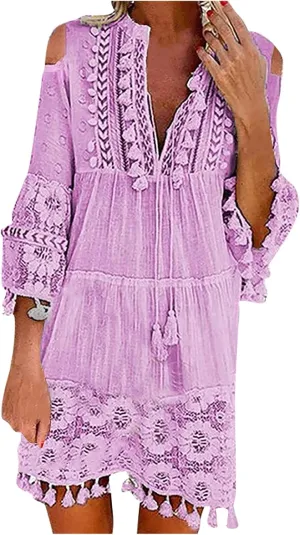 Beach Dresses for Women Vacation Floral Shirt Beach Cover Up Dress 3/4 Sleeve Boho Tassel Tie Neck Dresses Sundresses
