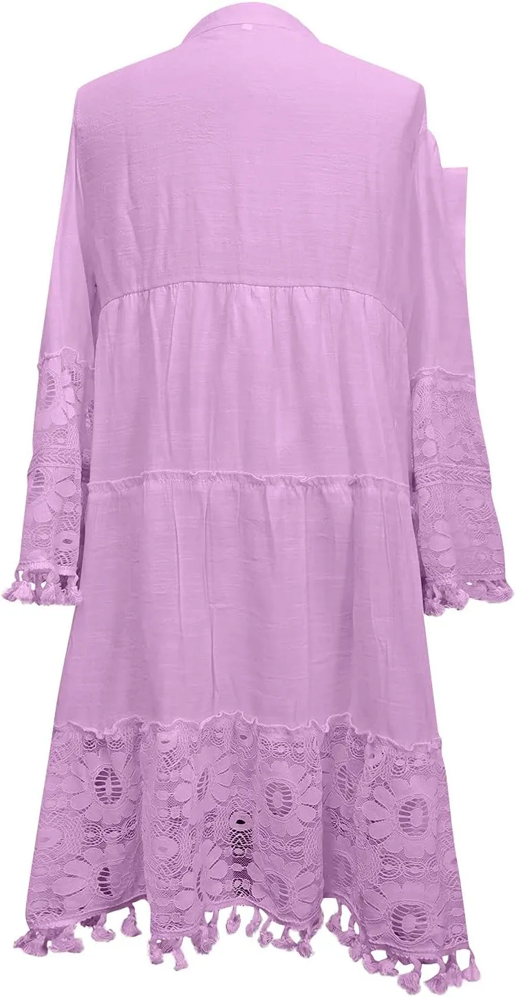 Beach Dresses for Women Vacation Floral Shirt Beach Cover Up Dress 3/4 Sleeve Boho Tassel Tie Neck Dresses Sundresses