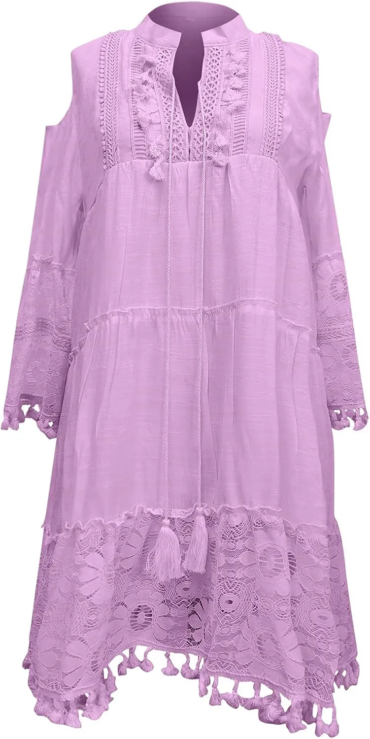Beach Dresses for Women Vacation Floral Shirt Beach Cover Up Dress 3/4 Sleeve Boho Tassel Tie Neck Dresses Sundresses