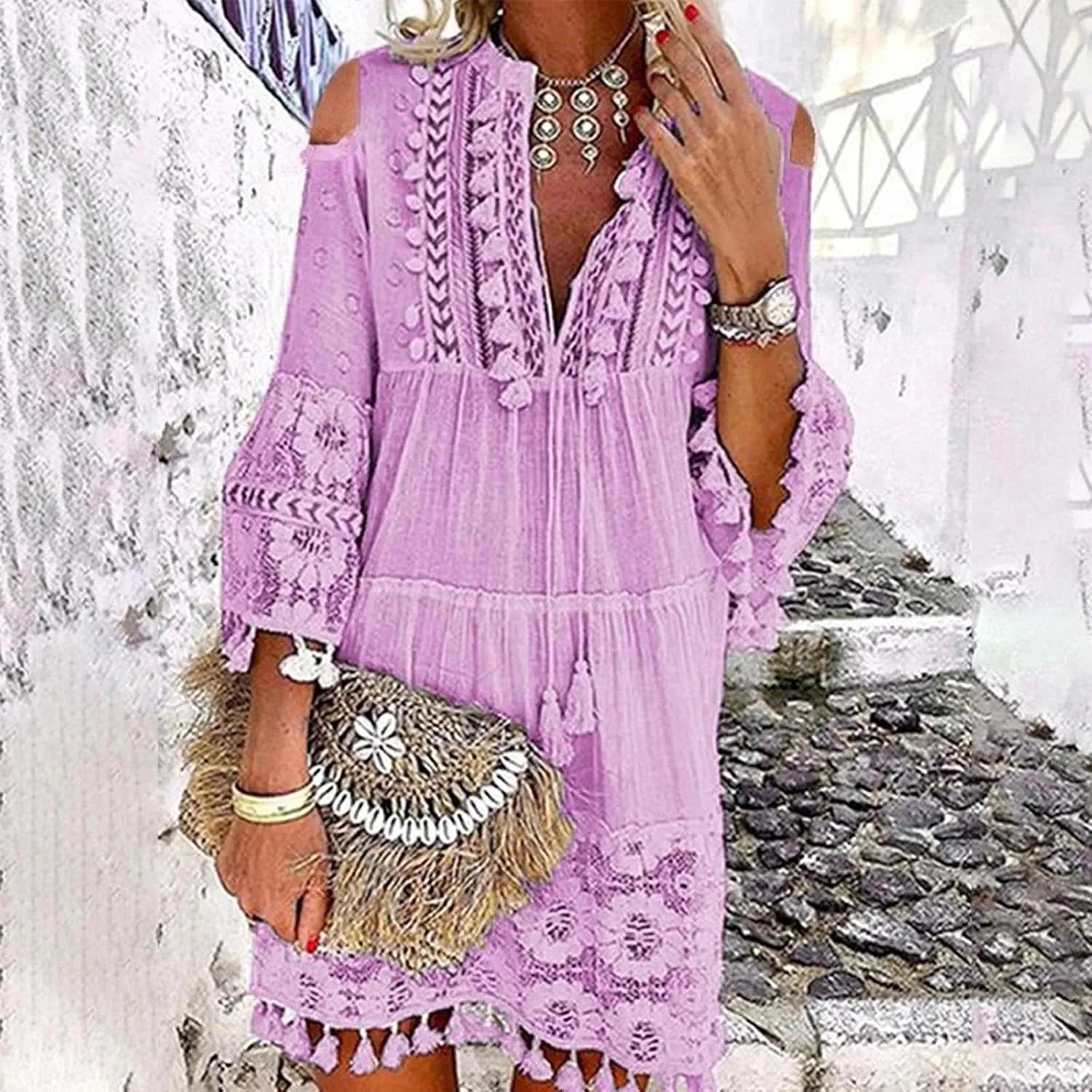 Beach Dresses for Women Vacation Floral Shirt Beach Cover Up Dress 3/4 Sleeve Boho Tassel Tie Neck Dresses Sundresses