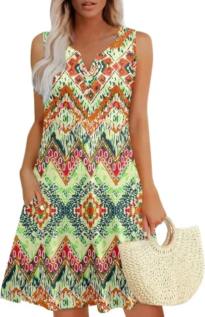 Beach Vacation Dresses for Women Casual Summer Boho Dress Loose Button V Neck Sleeveless Sundress with 2 Pockets