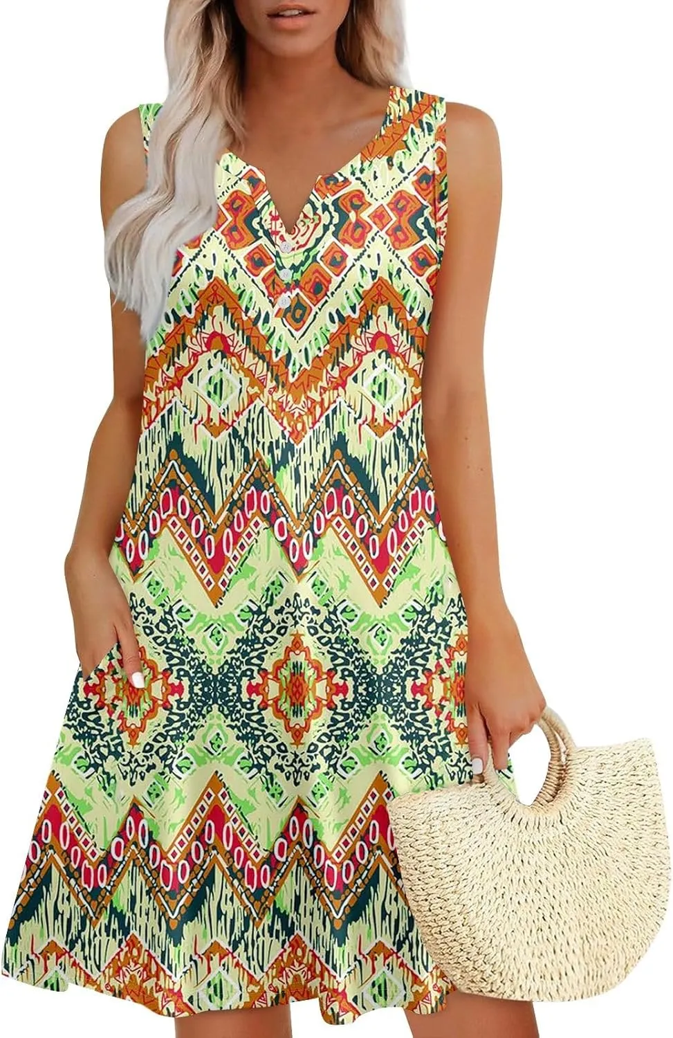 Beach Vacation Dresses for Women Casual Summer Boho Dress Loose Button V Neck Sleeveless Sundress with 2 Pockets