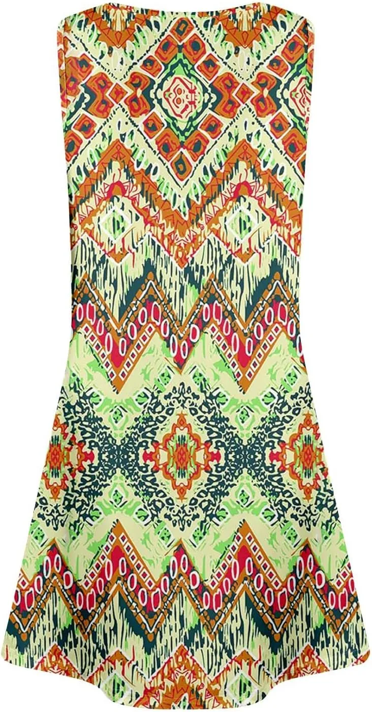 Beach Vacation Dresses for Women Casual Summer Boho Dress Loose Button V Neck Sleeveless Sundress with 2 Pockets