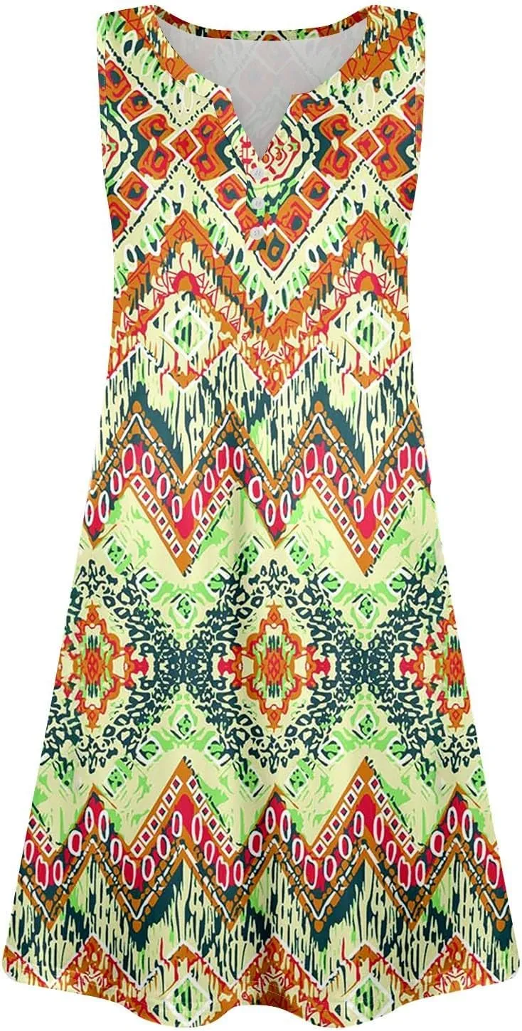 Beach Vacation Dresses for Women Casual Summer Boho Dress Loose Button V Neck Sleeveless Sundress with 2 Pockets