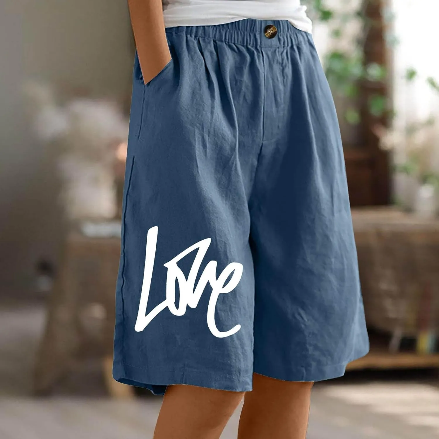 Bermuda Shorts for Women Cotton Linen Elastic High Waisted Casual Loose Shorts Comfy Lightweight Summer Shorts