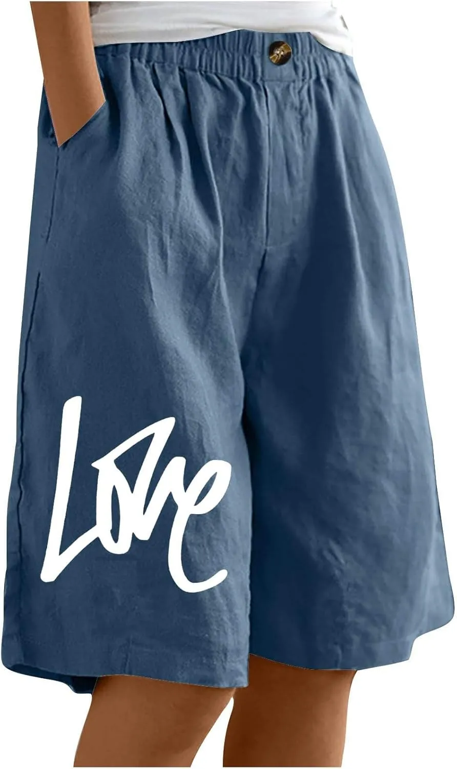 Bermuda Shorts for Women Cotton Linen Elastic High Waisted Casual Loose Shorts Comfy Lightweight Summer Shorts