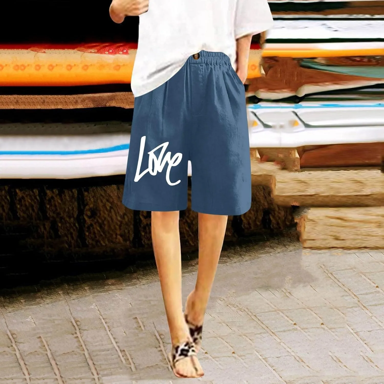 Bermuda Shorts for Women Cotton Linen Elastic High Waisted Casual Loose Shorts Comfy Lightweight Summer Shorts