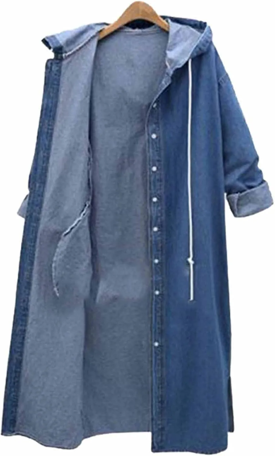 Binmer Womens Long Jean Jacket Plus Size Loose Long Sleeve Hooded Button Down Denim Outwear Classic Side Spilt Trench Coat