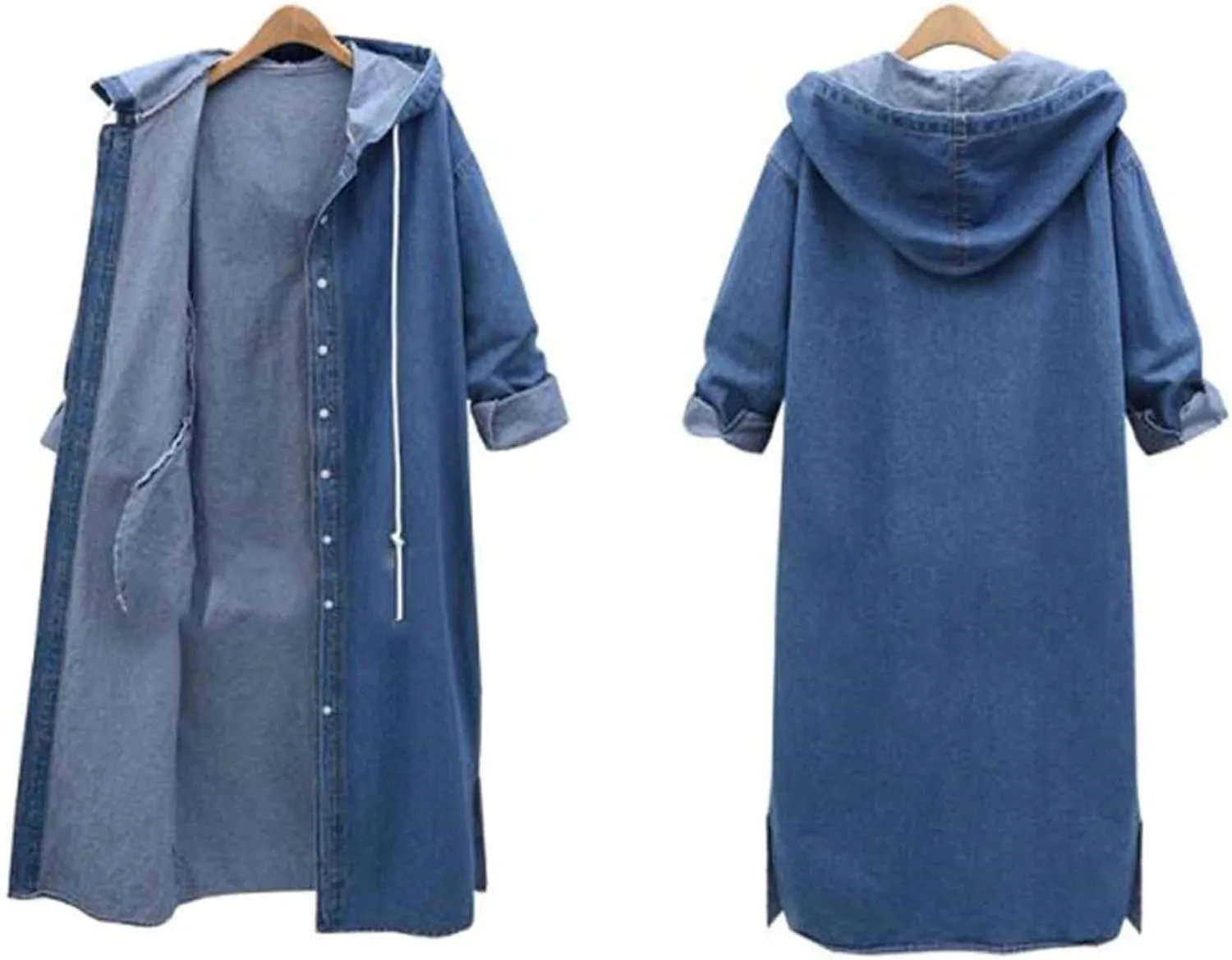 Binmer Womens Long Jean Jacket Plus Size Loose Long Sleeve Hooded Button Down Denim Outwear Classic Side Spilt Trench Coat