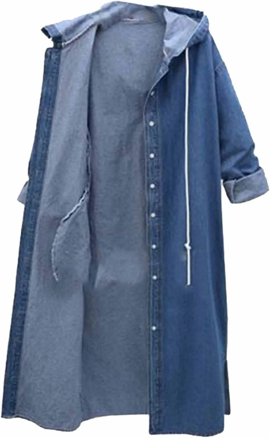 Binmer Womens Long Jean Jacket Plus Size Loose Long Sleeve Hooded Button Down Denim Outwear Classic Side Spilt Trench Coat