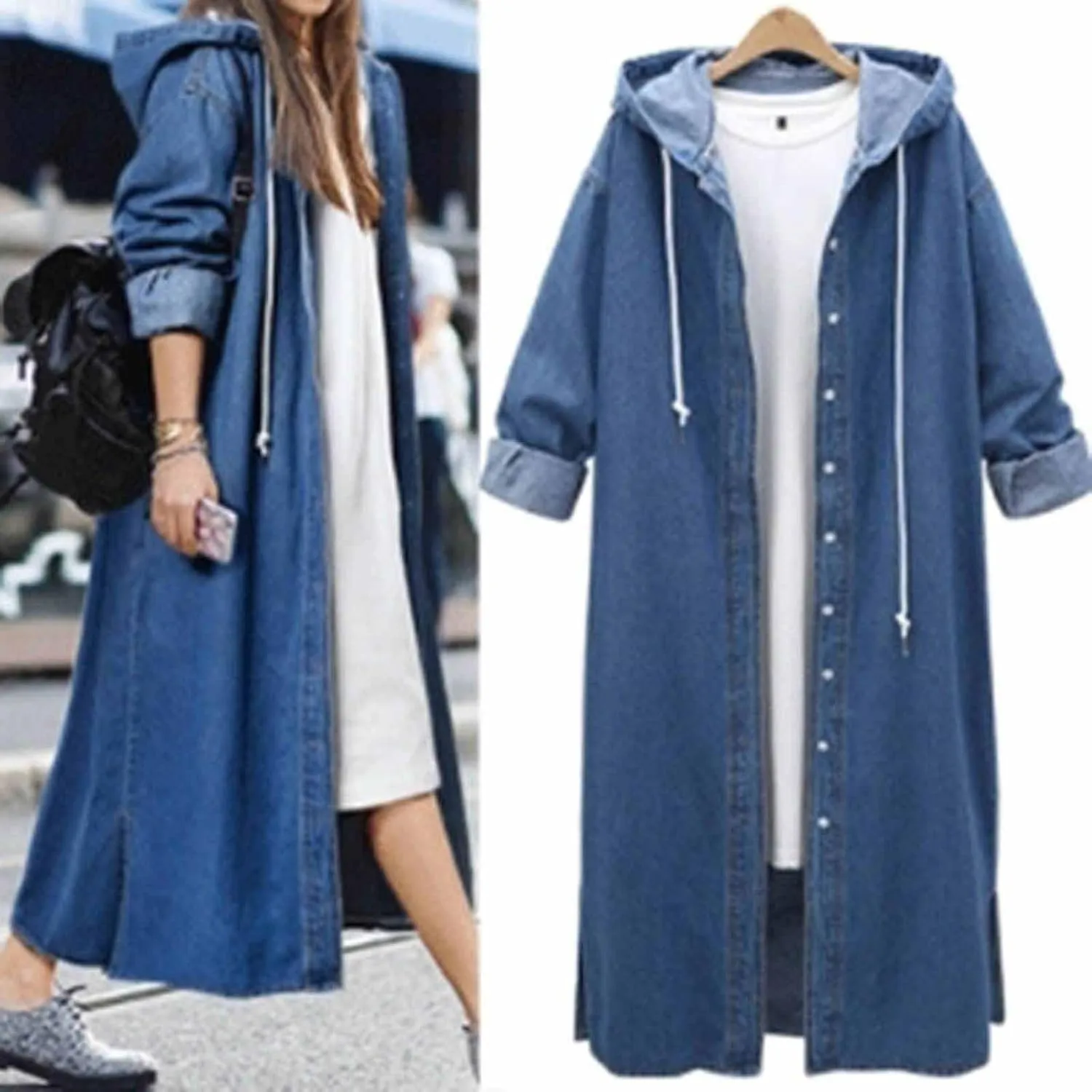 Binmer Womens Long Jean Jacket Plus Size Loose Long Sleeve Hooded Button Down Denim Outwear Classic Side Spilt Trench Coat