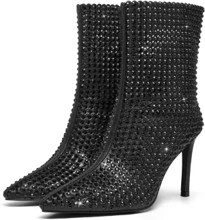 Black Sparkly Rhinestone Ankle Boots for Women Stiletto Heeled Glitter Booties Pointed Toe High Heel Girls Dress Bridal Birthday Party Wedding Anniversary Graduation Prom Shoes 9