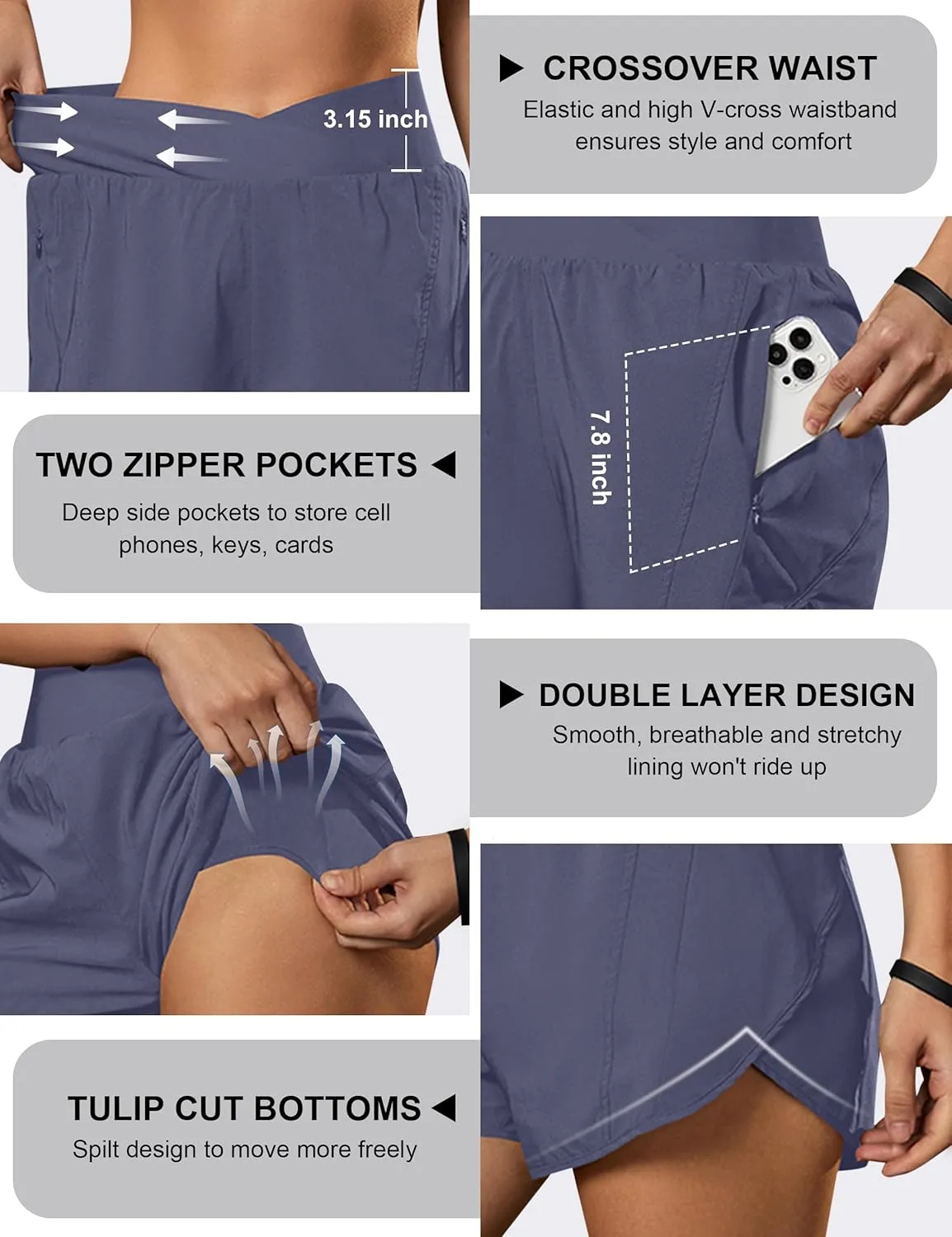 Blooming Jelly Women's Workout Shorts Athletic Running Shorts Crossover High Waisted Gym Shorts with Zipper Pockets