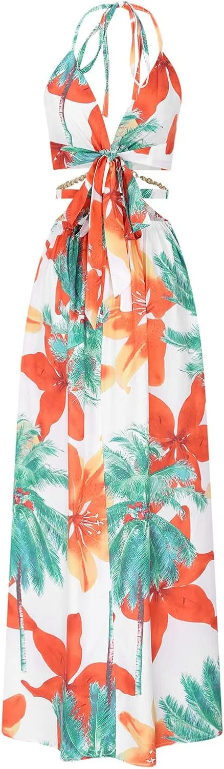 Boho Dresses for Women Summer Vacation Floral Halter Neck Tie Back Maxi Dress Split Beach Flowy Long Sundress