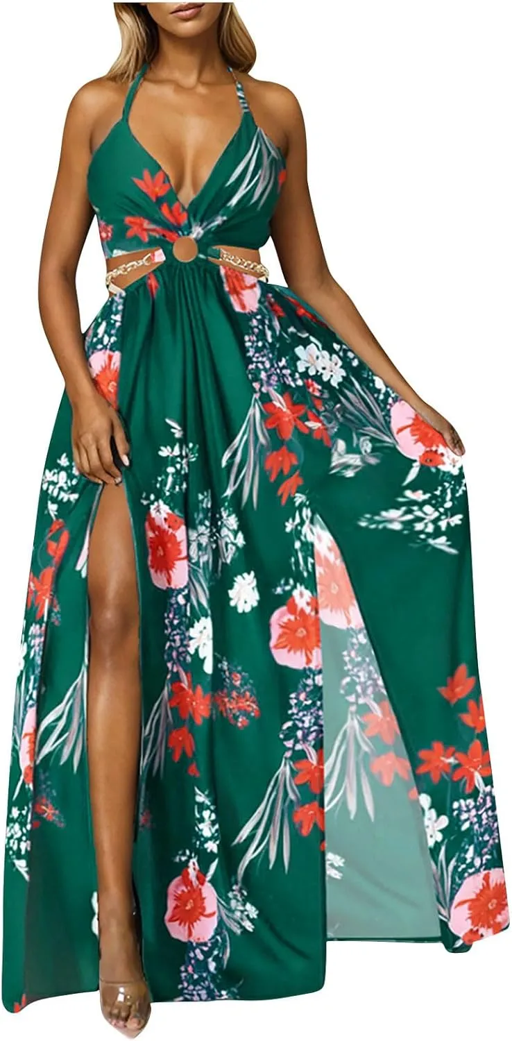 Boho Dresses for Women Summer Vacation Floral Halter Neck Tie Back Maxi Dress Split Beach Flowy Long Sundress