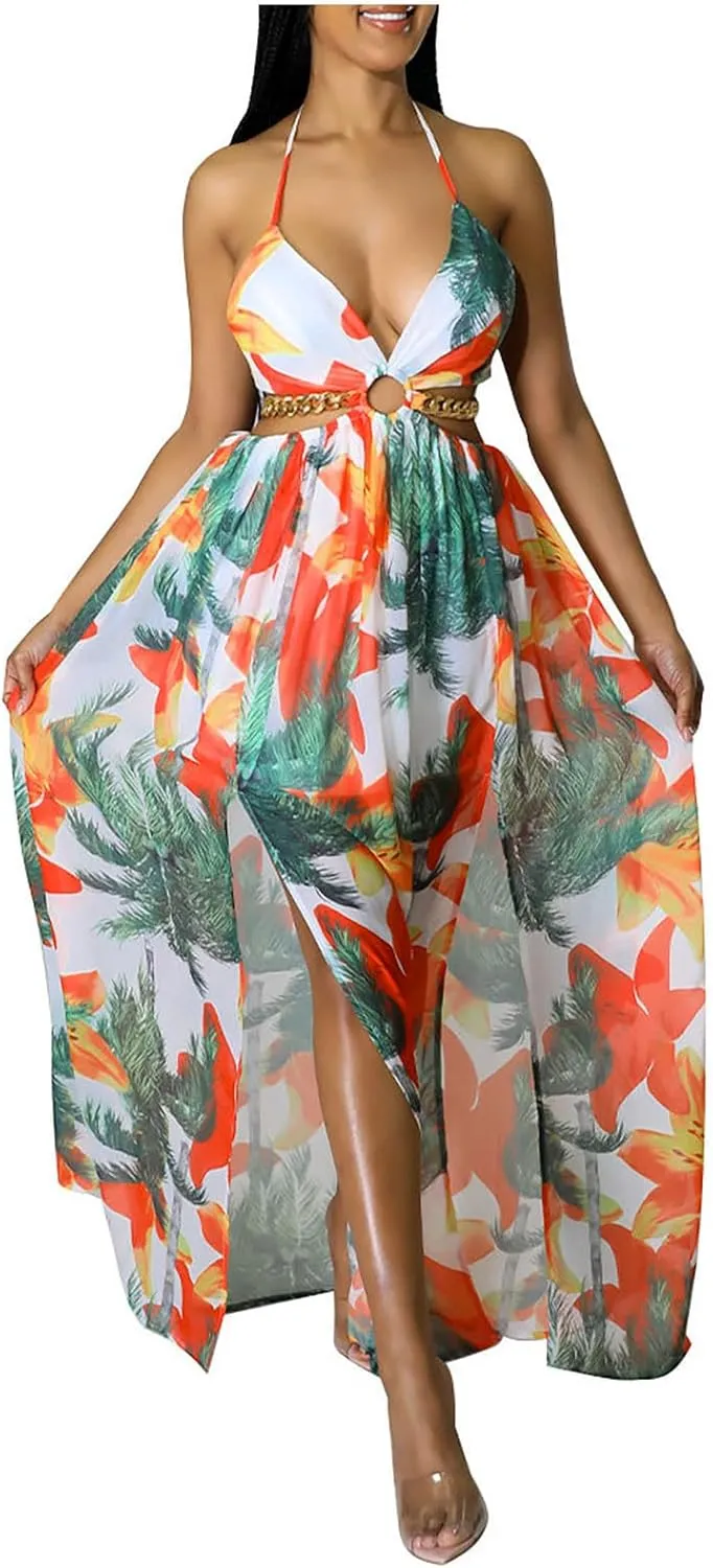 Boho Dresses for Women Summer Vacation Floral Halter Neck Tie Back Maxi Dress Split Beach Flowy Long Sundress
