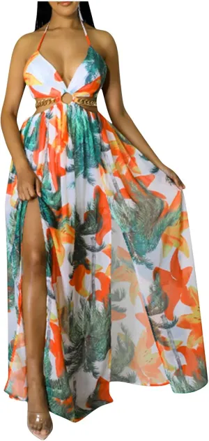 Boho Dresses for Women Summer Vacation Floral Halter Neck Tie Back Maxi Dress Split Beach Flowy Long Sundress