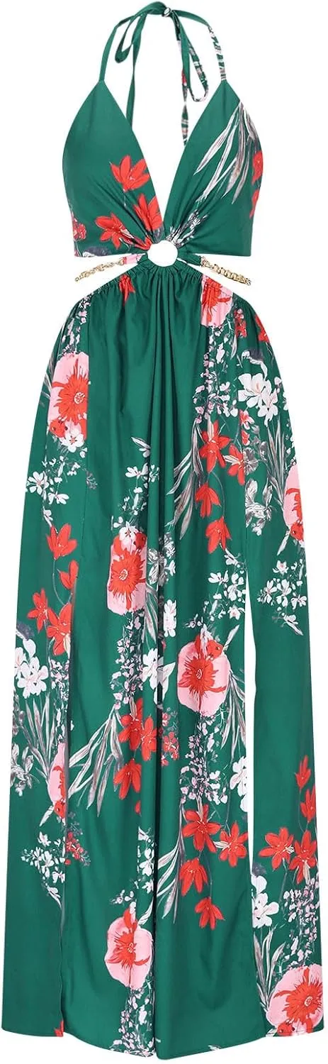 Boho Dresses for Women Summer Vacation Floral Halter Neck Tie Back Maxi Dress Split Beach Flowy Long Sundress