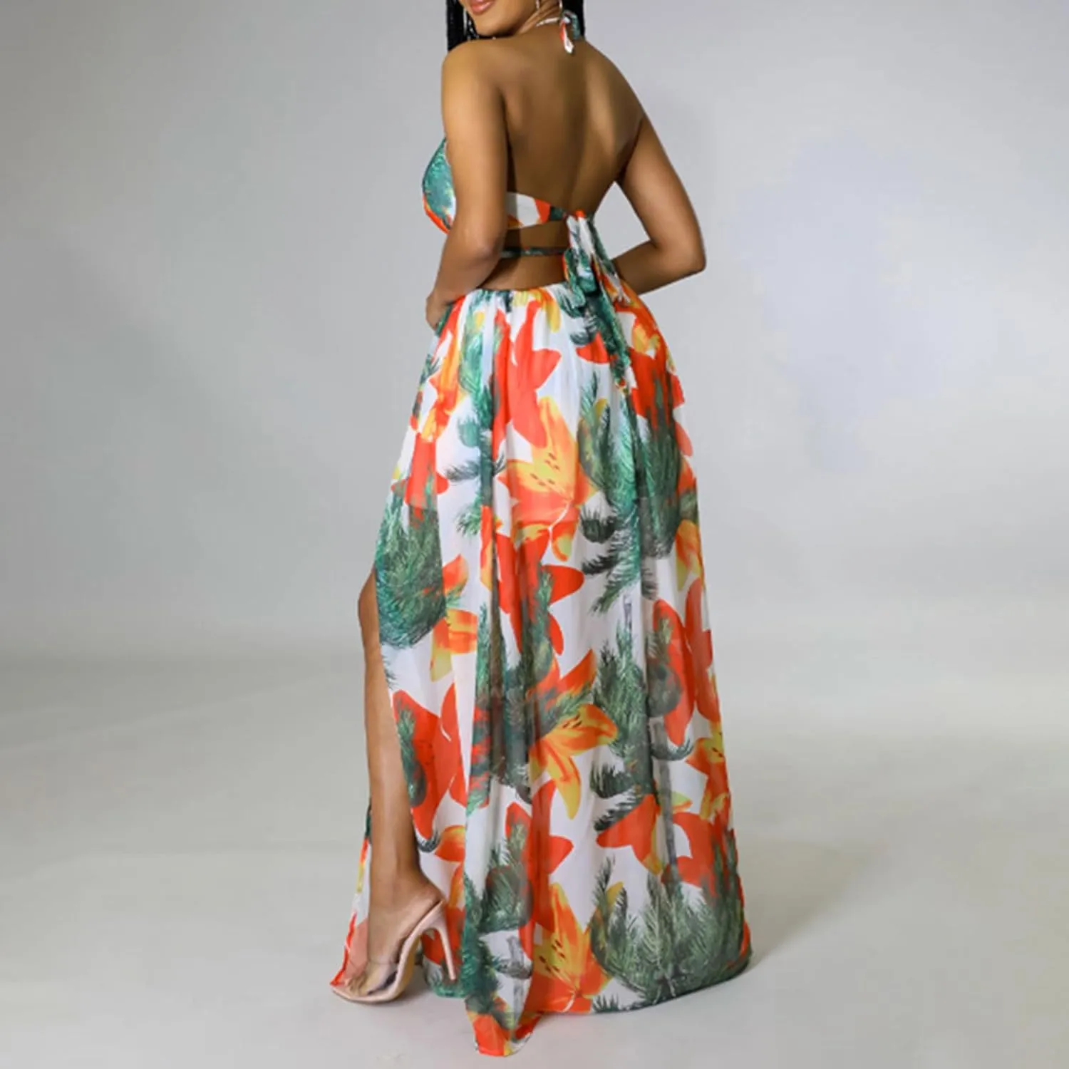 Boho Dresses for Women Summer Vacation Floral Halter Neck Tie Back Maxi Dress Split Beach Flowy Long Sundress
