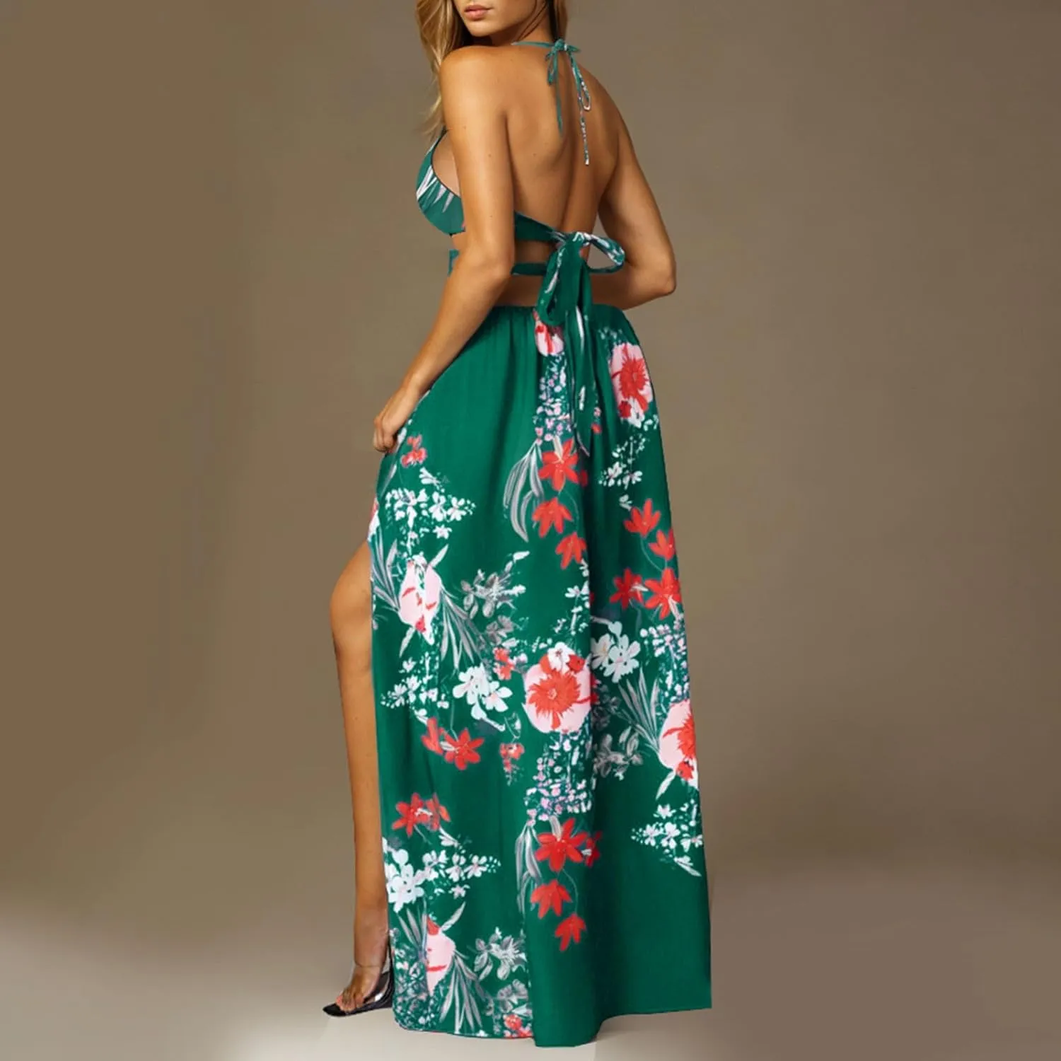 Boho Dresses for Women Summer Vacation Floral Halter Neck Tie Back Maxi Dress Split Beach Flowy Long Sundress