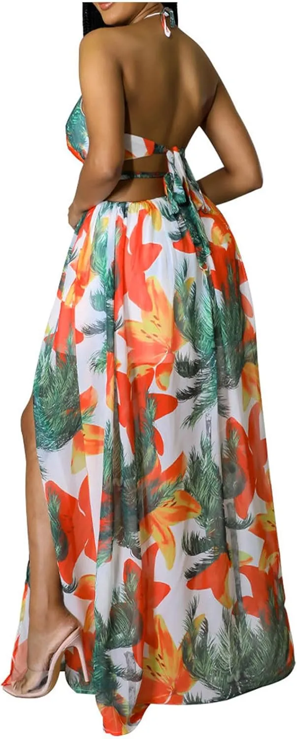 Boho Dresses for Women Summer Vacation Floral Halter Neck Tie Back Maxi Dress Split Beach Flowy Long Sundress