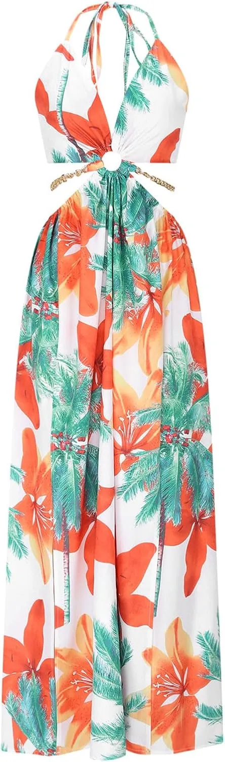 Boho Dresses for Women Summer Vacation Floral Halter Neck Tie Back Maxi Dress Split Beach Flowy Long Sundress