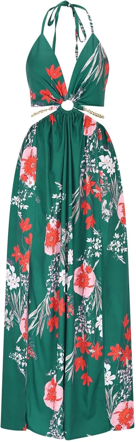 Boho Dresses for Women Summer Vacation Floral Halter Neck Tie Back Maxi Dress Split Beach Flowy Long Sundress