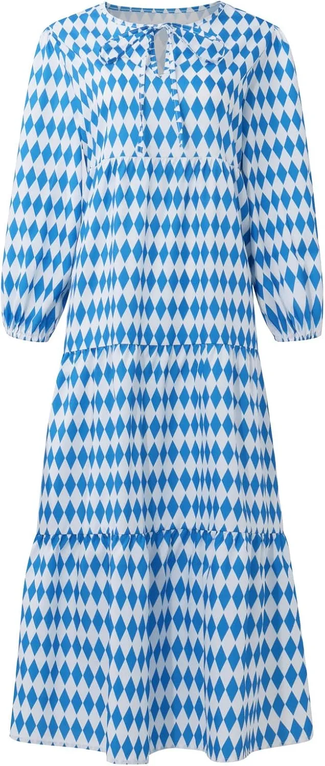Boho Maxi Dresses for Women 2025 Casual Smocked Geometric Print Puffy Sleeve Dress with Tie Loose Soft Swing Long Dress