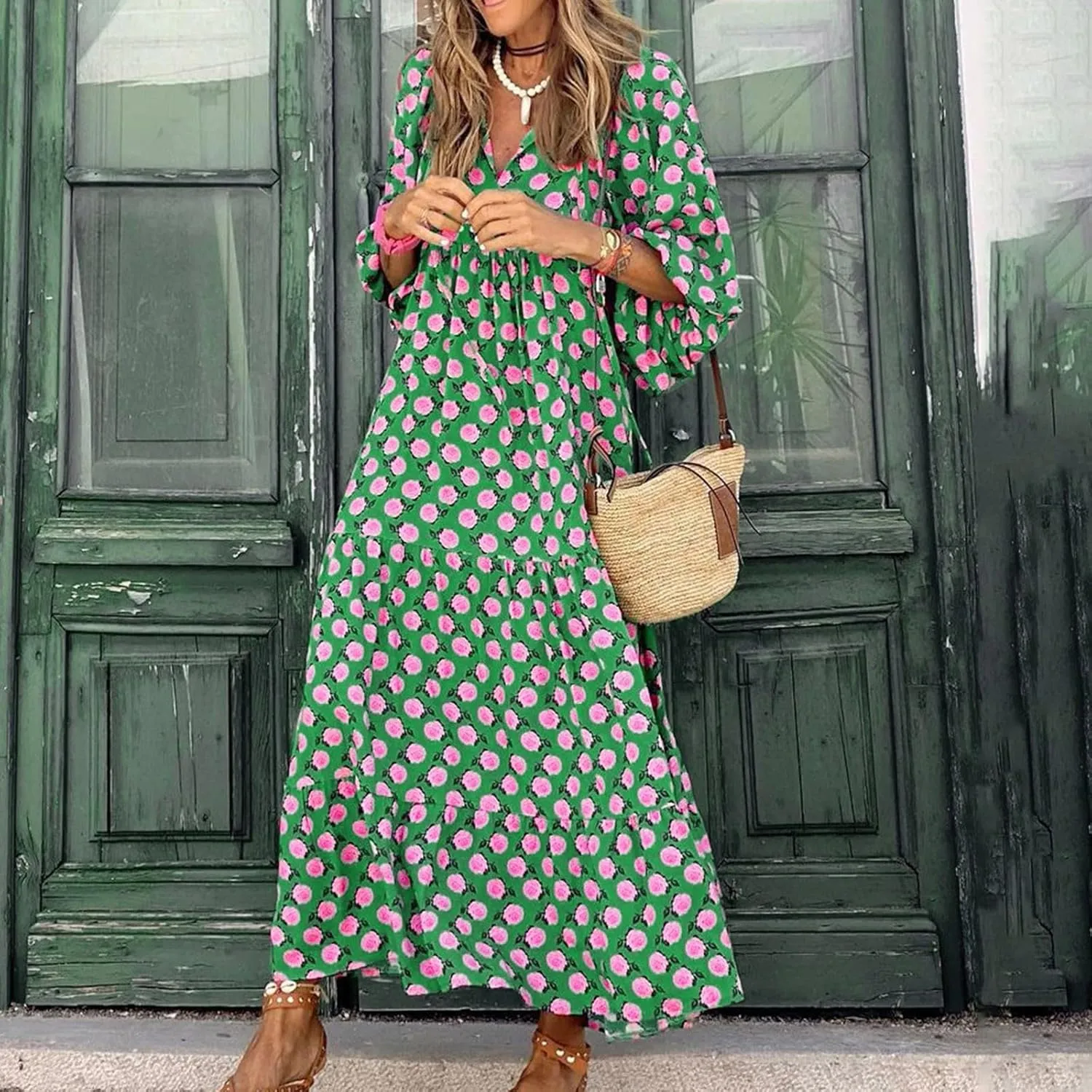 Boho Maxi Dresses for Women 2025 Casual Smocked Geometric Print Puffy Sleeve Dress with Tie Loose Soft Swing Long Dress