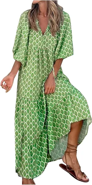 Boho Maxi Dresses for Women 2025 Casual Smocked Geometric Print Puffy Sleeve Dress with Tie Loose Soft Swing Long Dress