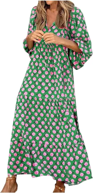 Boho Maxi Dresses for Women 2025 Casual Smocked Geometric Print Puffy Sleeve Dress with Tie Loose Soft Swing Long Dress