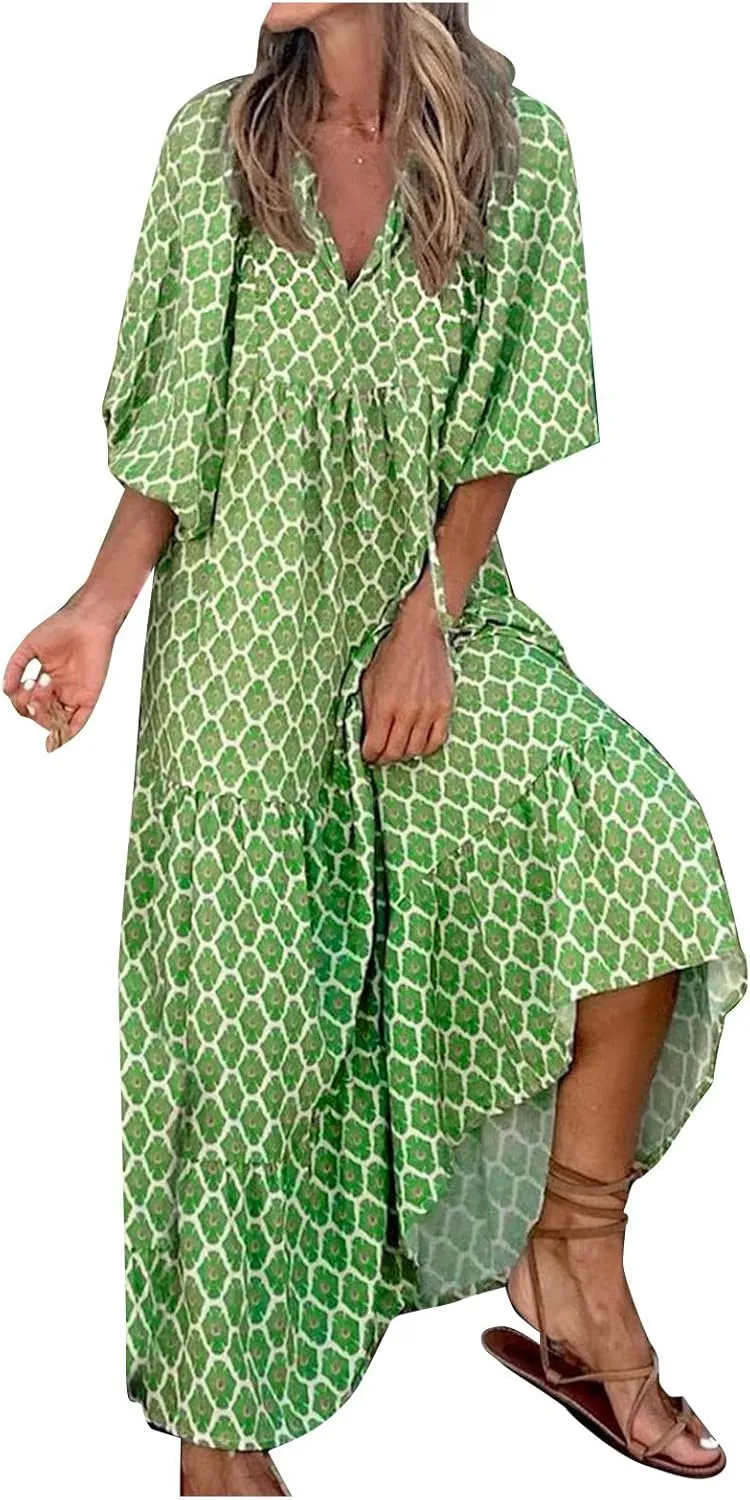 Boho Maxi Dresses for Women 2025 Casual Smocked Geometric Print Puffy Sleeve Dress with Tie Loose Soft Swing Long Dress