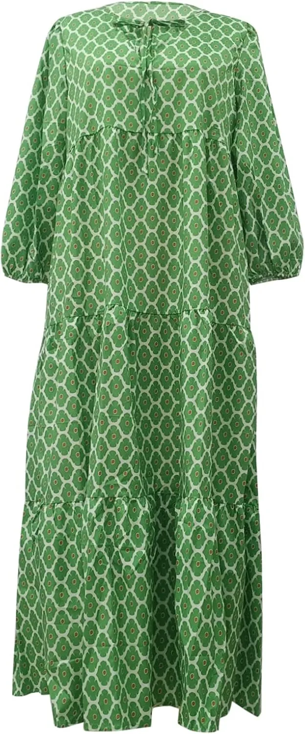 Boho Maxi Dresses for Women 2025 Casual Smocked Geometric Print Puffy Sleeve Dress with Tie Loose Soft Swing Long Dress