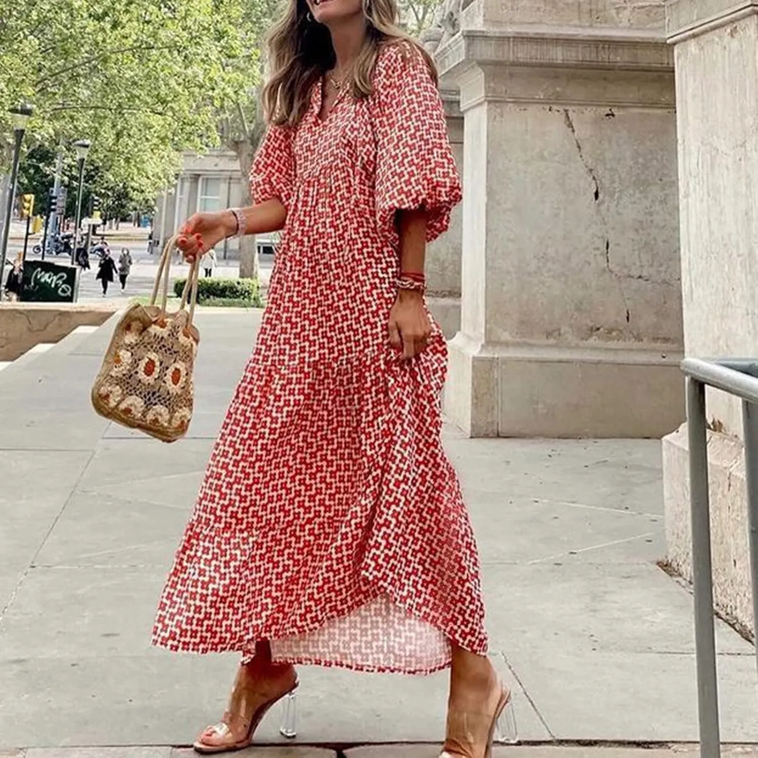 Boho Maxi Dresses for Women 2025 Casual Smocked Geometric Print Puffy Sleeve Dress with Tie Loose Soft Swing Long Dress
