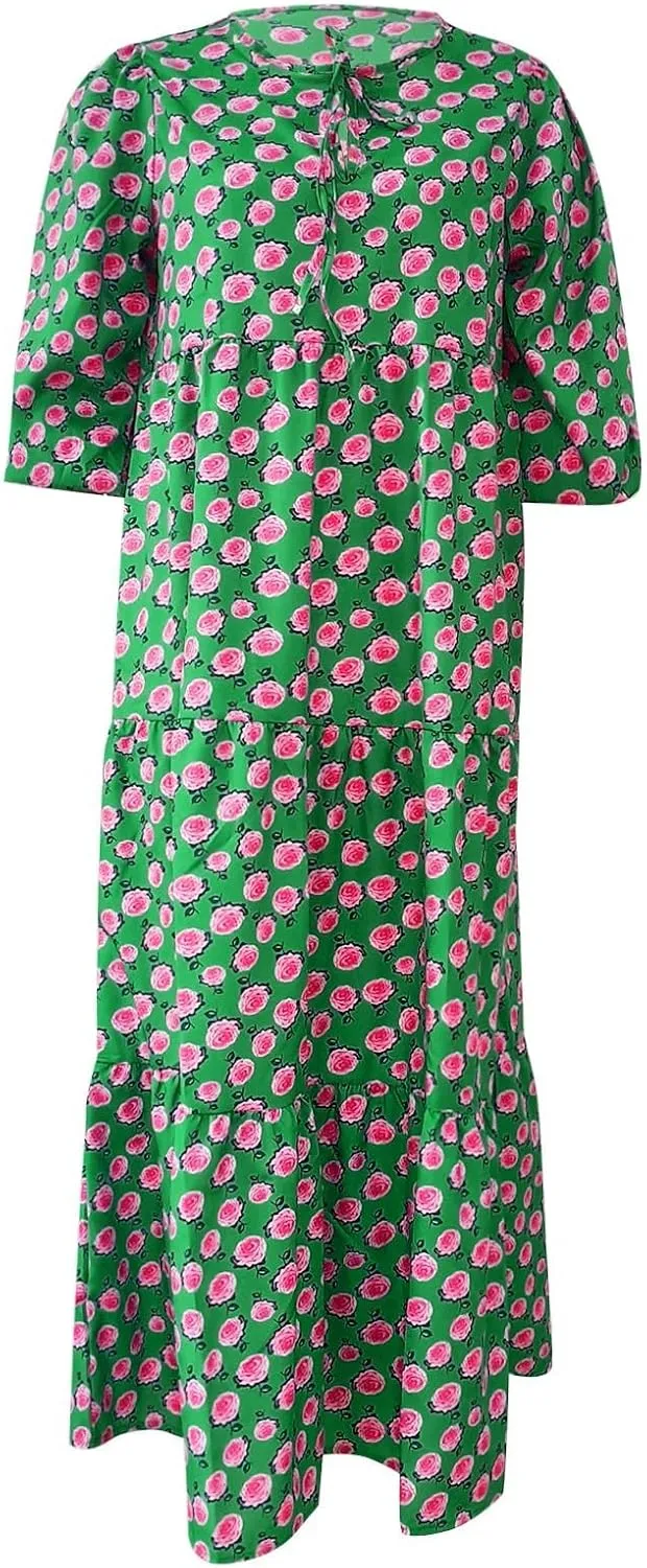 Boho Maxi Dresses for Women 2025 Casual Smocked Geometric Print Puffy Sleeve Dress with Tie Loose Soft Swing Long Dress