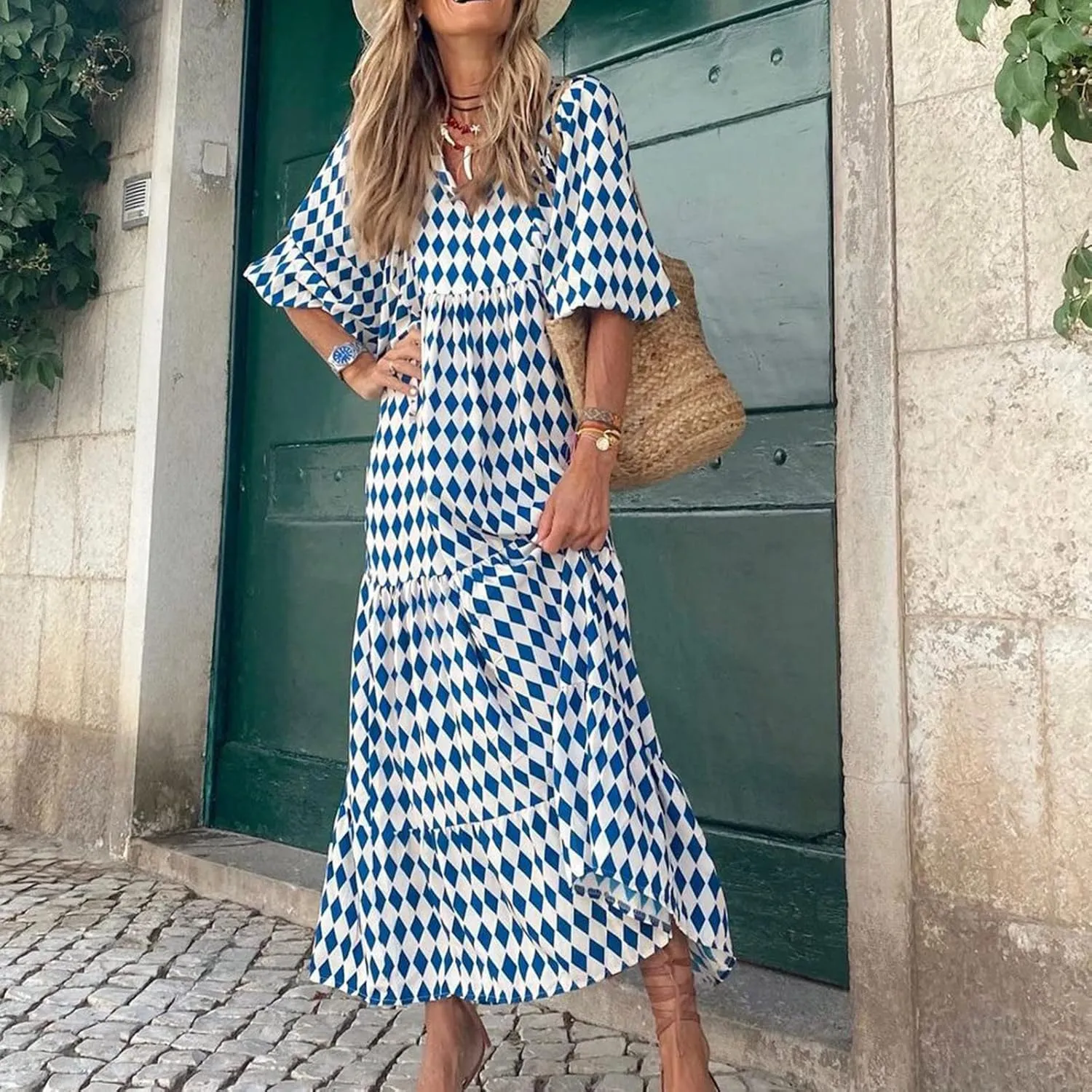Boho Maxi Dresses for Women 2025 Casual Smocked Geometric Print Puffy Sleeve Dress with Tie Loose Soft Swing Long Dress