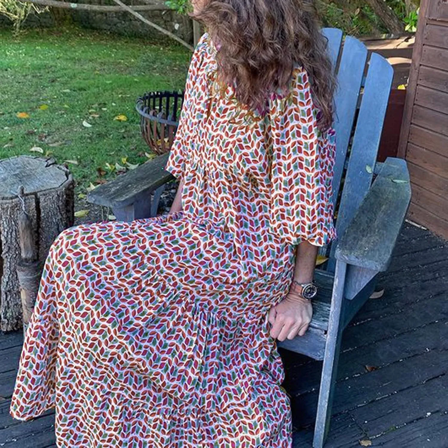 Boho Maxi Dresses for Women 2025 Casual Smocked Geometric Print Puffy Sleeve Dress with Tie Loose Soft Swing Long Dress