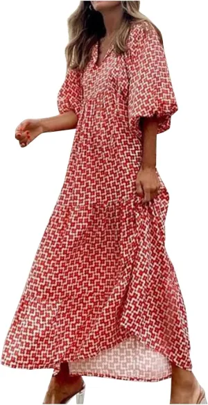 Boho Maxi Dresses for Women 2025 Casual Smocked Geometric Print Puffy Sleeve Dress with Tie Loose Soft Swing Long Dress