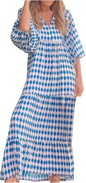 Boho Maxi Dresses for Women 2025 Casual Smocked Geometric Print Puffy Sleeve Dress with Tie Loose Soft Swing Long Dress