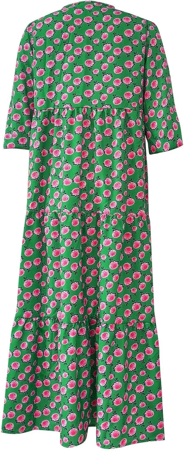 Boho Maxi Dresses for Women 2025 Casual Smocked Geometric Print Puffy Sleeve Dress with Tie Loose Soft Swing Long Dress