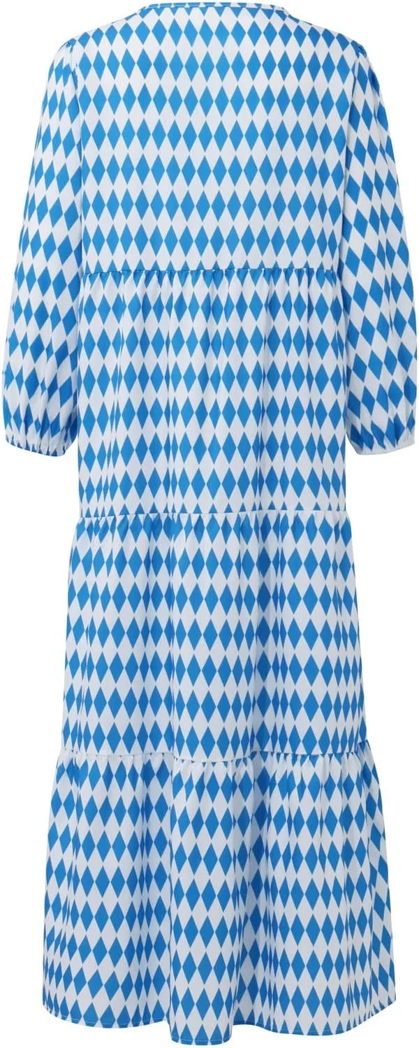 Boho Maxi Dresses for Women 2025 Casual Smocked Geometric Print Puffy Sleeve Dress with Tie Loose Soft Swing Long Dress