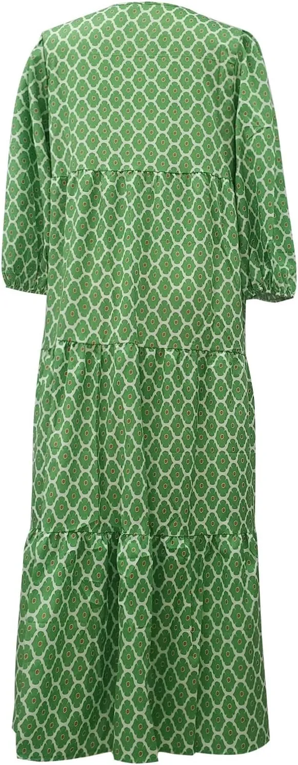 Boho Maxi Dresses for Women 2025 Casual Smocked Geometric Print Puffy Sleeve Dress with Tie Loose Soft Swing Long Dress